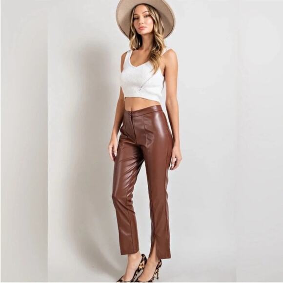 NWOT Wildfox Princess Seams Split Hem Faux Leather Pants in Brown Size L - Picture 3 of 11